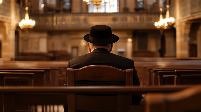 A contemplative moment within the grand synagogue, where light streams through stained glass, illuminating rows of pews & a man in silent prayer. A moment of reflection.