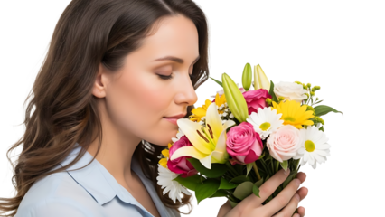 A woman enjoying the scent of a beautiful bouquet of flowers, eyes closed in appreciation