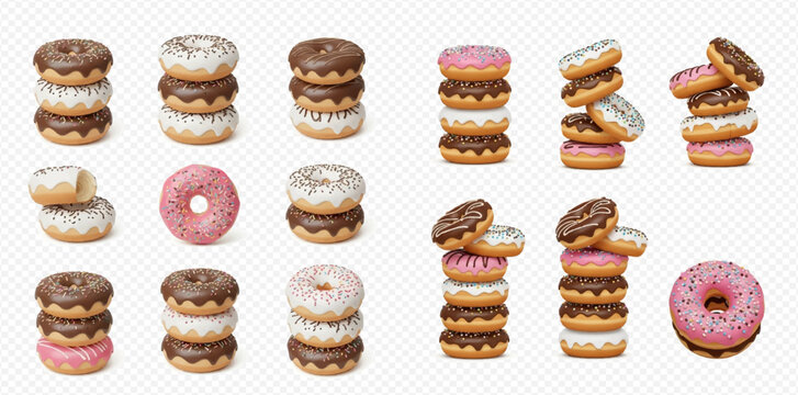 Set of delicious glazed donuts with various toppings in stacks and individually.