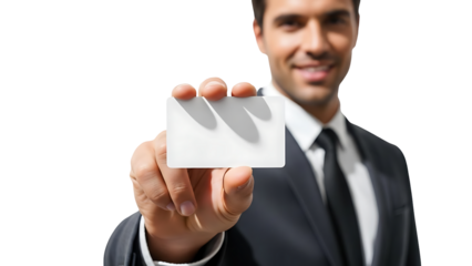 A businessman confidently presents a blank card