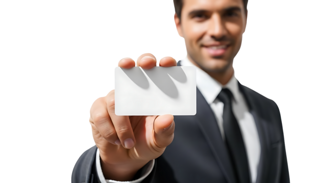 A businessman confidently presents a blank card - Powered by Adobe
