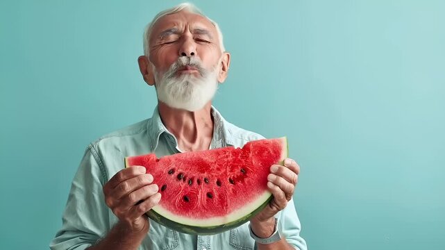 A man in a light blue shirt holds a watermelon close to his face, obscuring his eyes and mouth. The watermelon is a vibrant red with green leafy patterns. The background is a solid blue.