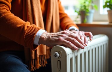 Person warming hands on radiator near window with indoor plants and scarf