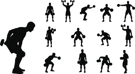Dumbbell workout silhouette set featuring men lifting weights exercising training fitness poses gym vector illustrations strength exercise clipart collection design