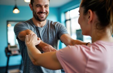 Man receiving assisted arm stretch from trainer in bright fitness studio