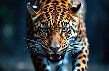 Fototapeta premium Leopard stalking through a dim jungle with piercing blue eyes and focus