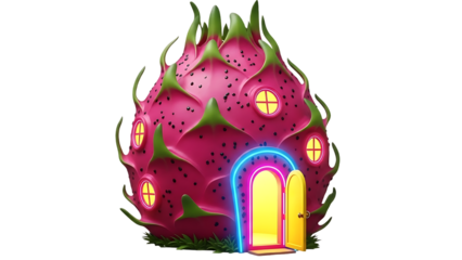Fantasy dragon fruit house with glowing door and windows, isolated on transparent background