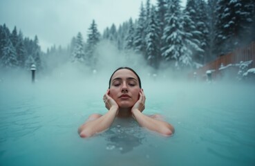 Woman relaxing in a warm steaming outdoor pool with snowy forest backdrop and mist
