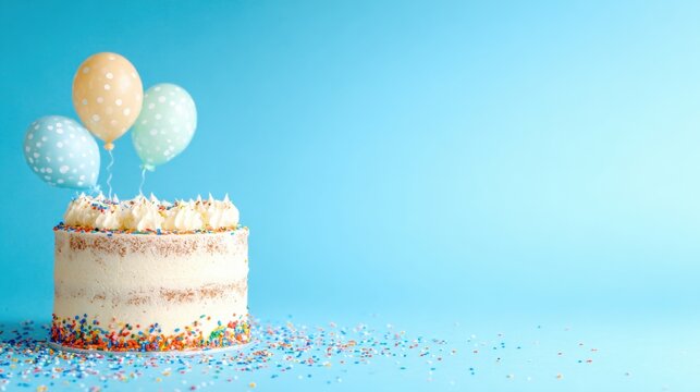 Birthday cake with balloons and colorful sprinkles on a blue background - Powered by Adobe