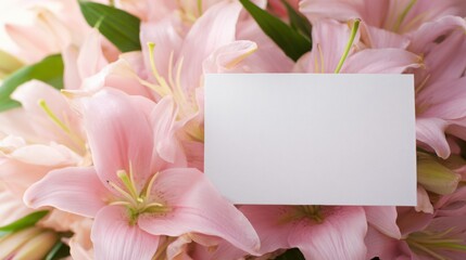 Flowers with a blank card placed among pink lilies