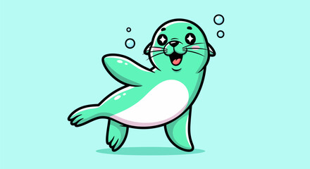 Cartoon seal happily swimming underwater with bubbles and open mouth, smiling. © Arc std.