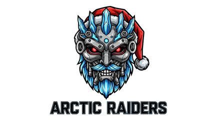 A blue and gray cartoon head mascot wearing a Santa hat on a white background with bold text reading 'ARCTIC RAIDERS'.