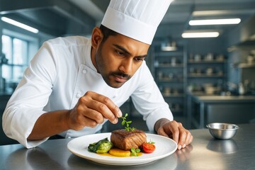Professional chef plating gourmet dish with precise focus in modern kitchen, under soft lighting, illustrating culinary creativity and passion. Ai generative