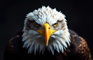 Obraz premium Bald eagle head portrait with intense gaze against a dark dramatic background