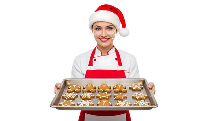 Festive baker woman holding a tray of Christmas cookies