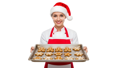 Festive baker woman holding a tray of Christmas cookies