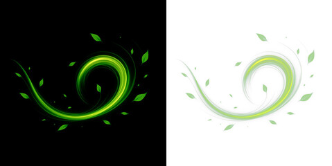 Eco green magic stream PNG, vortex air movement, fresh mint leaves background. Abstract green wind...
