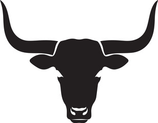 Black silhouette of a bull s head with long curved horns facing forward