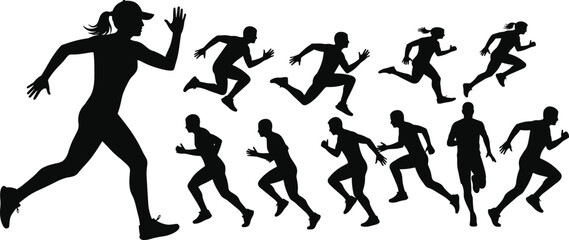Running silhouettes of athletes sprinting in various dynamic poses showing motion action fitness training speed exercise sports illustration vector set
