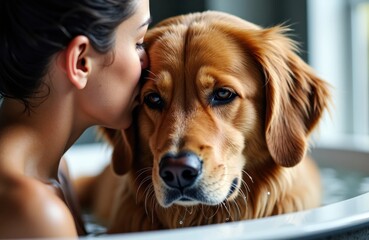 Woman gently kissing golden retriever while the dog sits calmly in bathtub