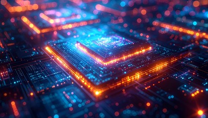 Close-up of glowing circuit board with orange and blue illumination, futuristic look