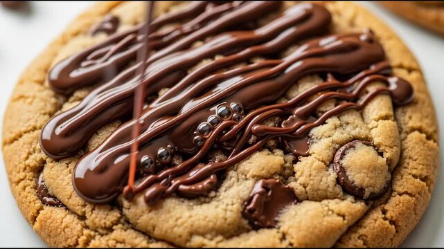 Close up of freshly baked cookie drizzled with melted chocolate