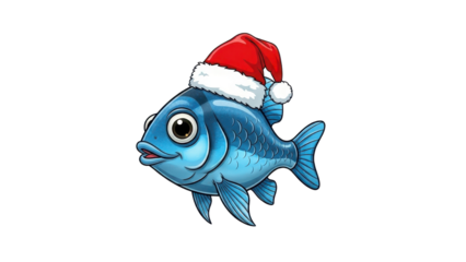 Cute blue cartoon fish wearing a red Santa hat isolated PNG with Transparent Background