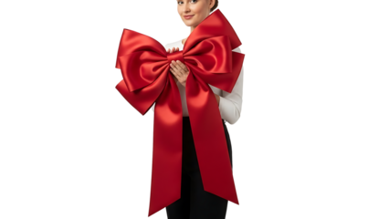 Woman holding a large red bow, embodying the spirit of gift-giving and celebration
