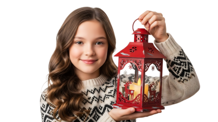 A young girl holding a decorative lantern, smiling brightly. The lantern's intricate details and the warm glow of the candle within, adds a touch of charm
