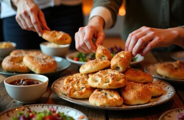 Homemade bread rolls being shared around a cozy family dining table together