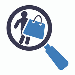 Magnifying glass reveals person icon carrying blue shopping bag in a creative graphic