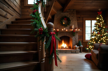 Cozy Christmas living room with decorated staircase and fireplace