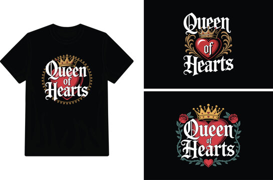 Black t shirt mockup displaying a queen of hearts themed graphic design