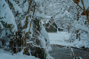 Cozy Snowy Winter Village with Traditional Houses and Peaceful Rural Landscape