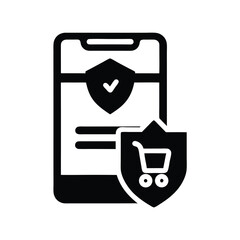 Mobile device displaying security shields featuring shopping cart and checkmark ensures secure transactions