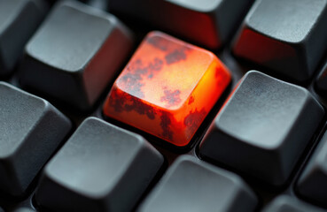 Mechanical keyboard keycap with glowing red resin accent among dark keys