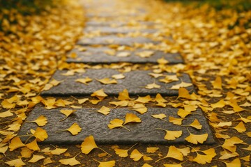 Close-up view of stone path covered with vibrant yellow ginkgo leaves in autumn forest, creating a peaceful seasonal atmosphere outdoors. Ai generative