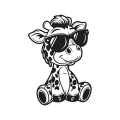 Monochrome cartoon giraffe wearing sunglasses sitting with cute expression for print and design