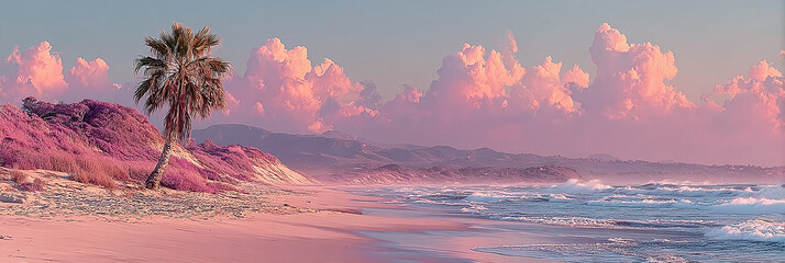 Serene Tropical Beach at Sunset with Palm Tree and Pink Clouds Over Gentle Waves