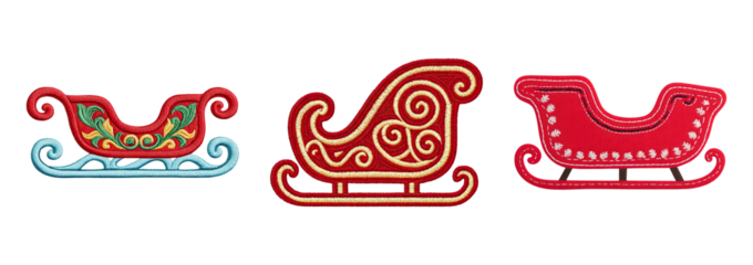 Embroidered red christmas craft sleigh with ornate stitching and festive swirl motifs evoking cozy handmade holiday cheer