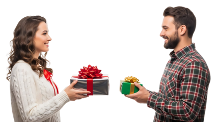 A couple exchanging wrapped gifts, symbolizing love and generosity