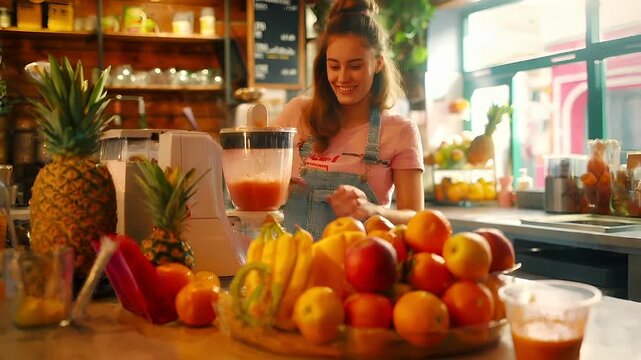 A woman in a pink shirt and blue overalls is preparing a smoothie in a kitchen. The kitchen has wooden shelves filled with various items, and theres a blackboard menu in the background.