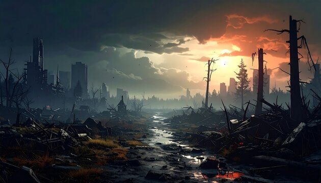 A desolate landscape after an apocalyptic event. The remains of a city are silhouetted against a dramatic sunset. Burnt trees are in the foreground