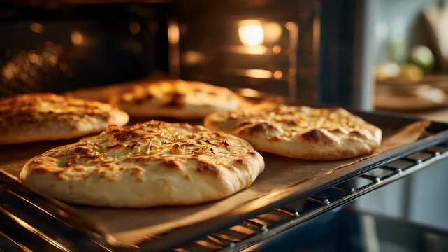 Freshly baked flatbreads rise in the oven, ready to enjoy with family and friends