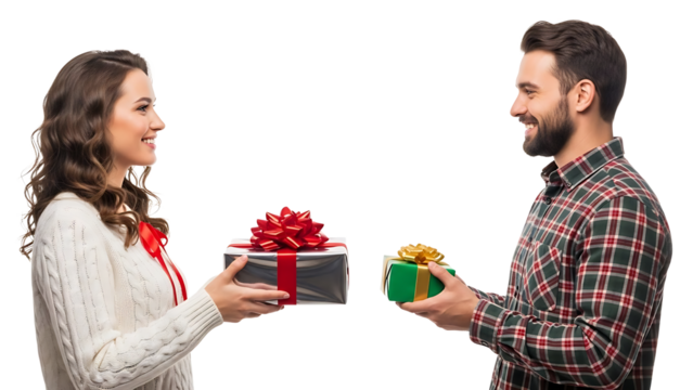 A couple exchanging wrapped gifts, symbolizing love and generosity - Powered by Adobe