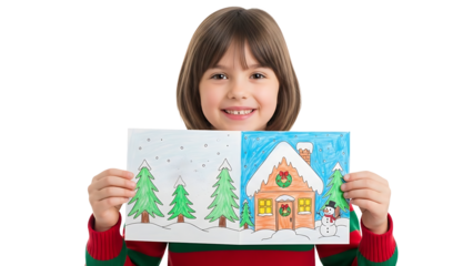 A young child holding a drawing of a Christmas scene with a gingerbread house and snow