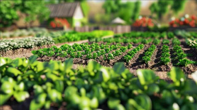 A vibrant and well-maintained vegetable garden with neatly arranged rows of plants.