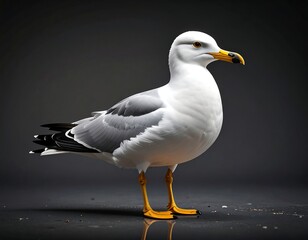 Obraz premium A detailed portrait of a seabird with stark white plumage and gray wing feathers. The bird stands poised, illuminated against a dark background