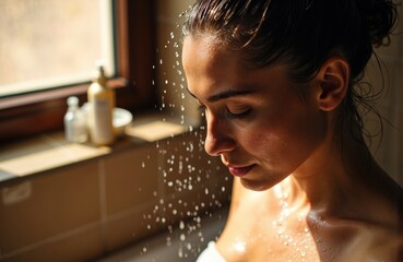 Woman showering with water droplets glistening on skin in warm bathroom