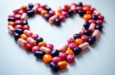 Pills arranged in a heart shape symbolize care, health, and patient support